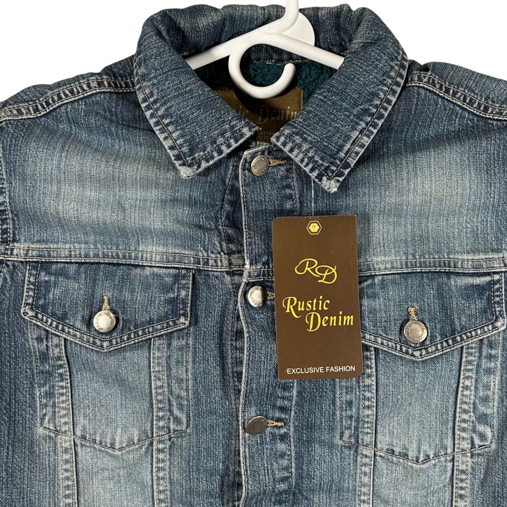 Rustic Denim Mens Sherpa Lined Trucker‎ Jacket Medium Wash Blue Teal Size L New